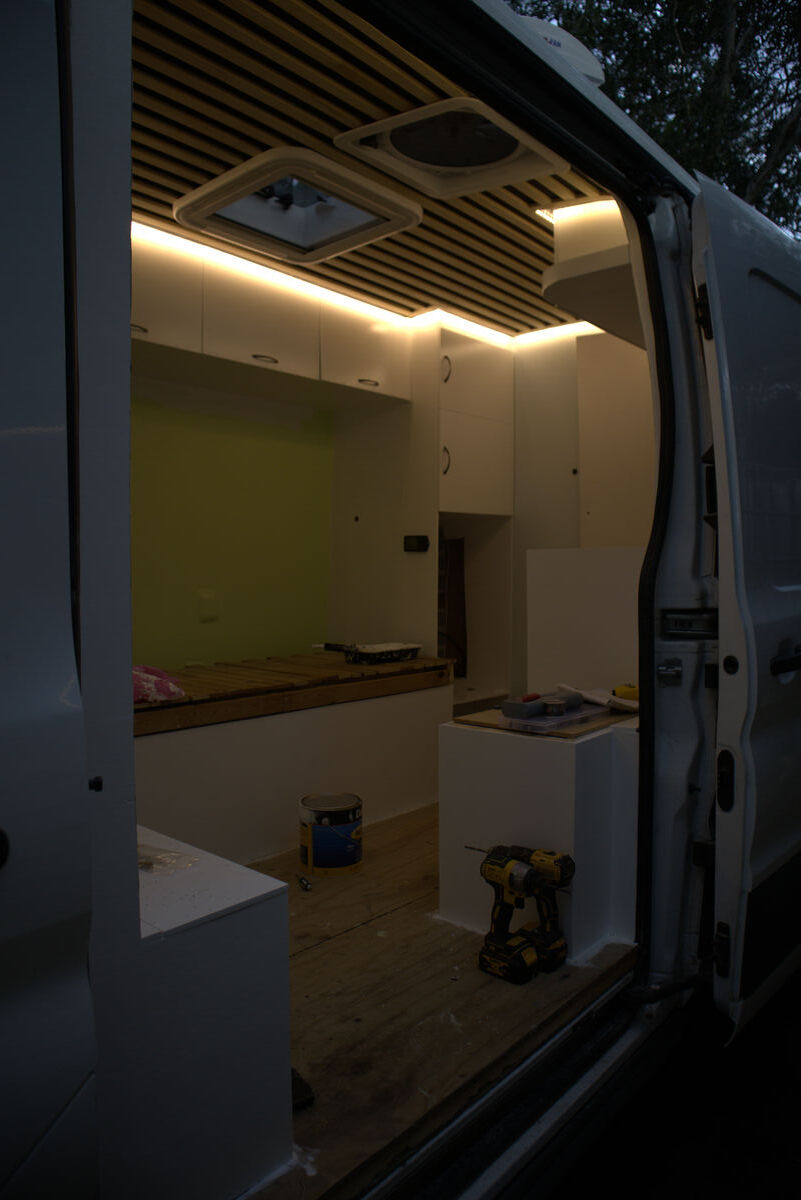 Van interior with lights on